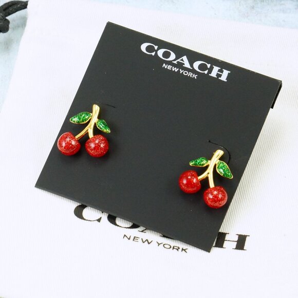 Coach Red Glitter Cherry Stud Earrings Gold Plated - Picture 2 of 6